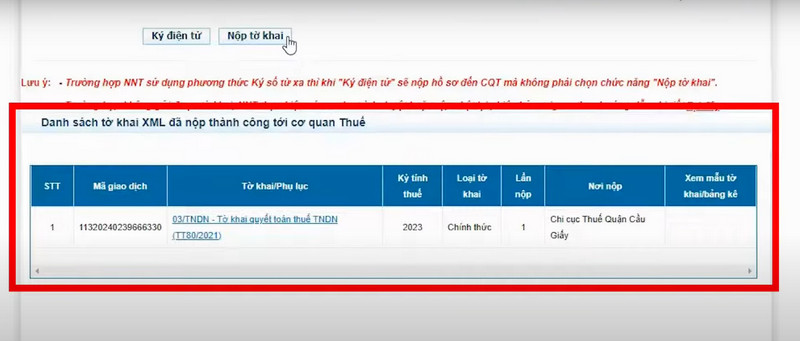 Danh sách tờ khai nộp thành công của doanh nghiệp