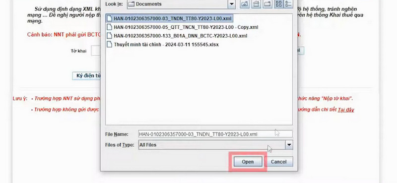 Người nộp thuế chọn file XML đã kết xuất từ phần mềm HTKK