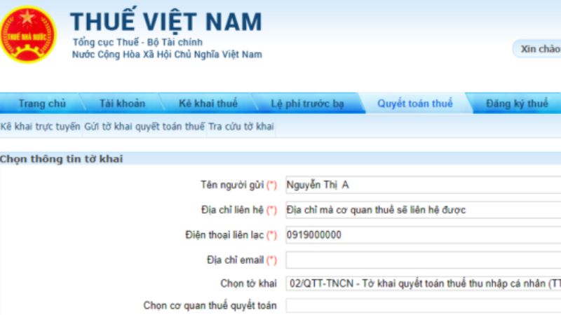 Điền thông tin trong tờ khai