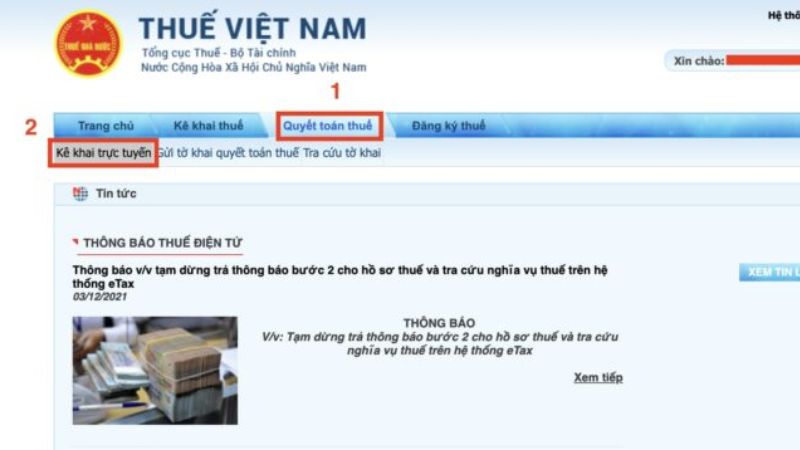 Chọn Kê khai trực tuyến